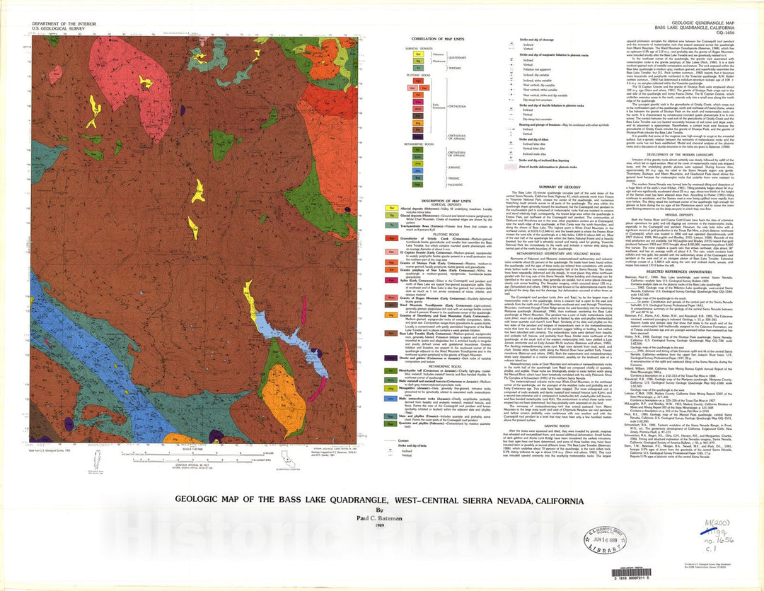Map : Geologic map of the Bass Lake quadrangle, west-central Sierra Nevada, California, 1989 Cartography Wall Art :