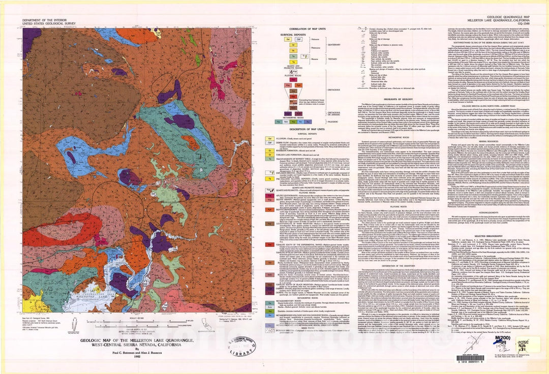 Map : Geologic map of the Millerton Lake quadrangle, west-central Sierra Nevada, California, 1982 Cartography Wall Art :