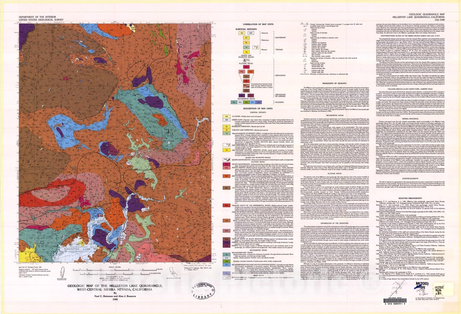 Map : Geologic map of the Millerton Lake quadrangle, west-central Sierra Nevada, California, 1982 Cartography Wall Art :