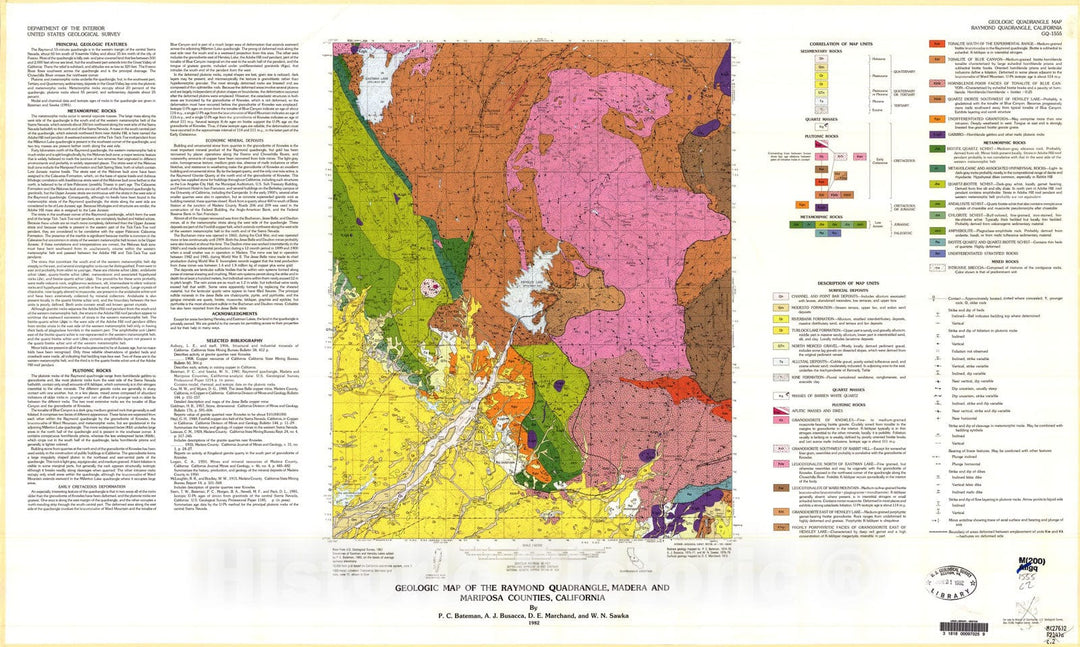Map : Geologic map of the Raymond quadrangle, Madera and Mariposa Counties, California, 1982 Cartography Wall Art :