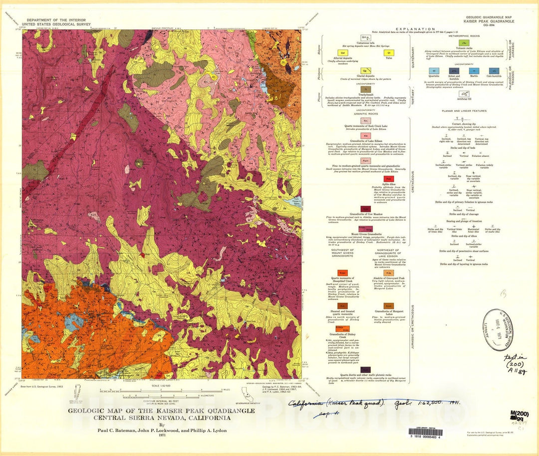 Map : Geologic map of the Kaiser Peak quadrangle, central Sierra Nevada, California, 1971 Cartography Wall Art :
