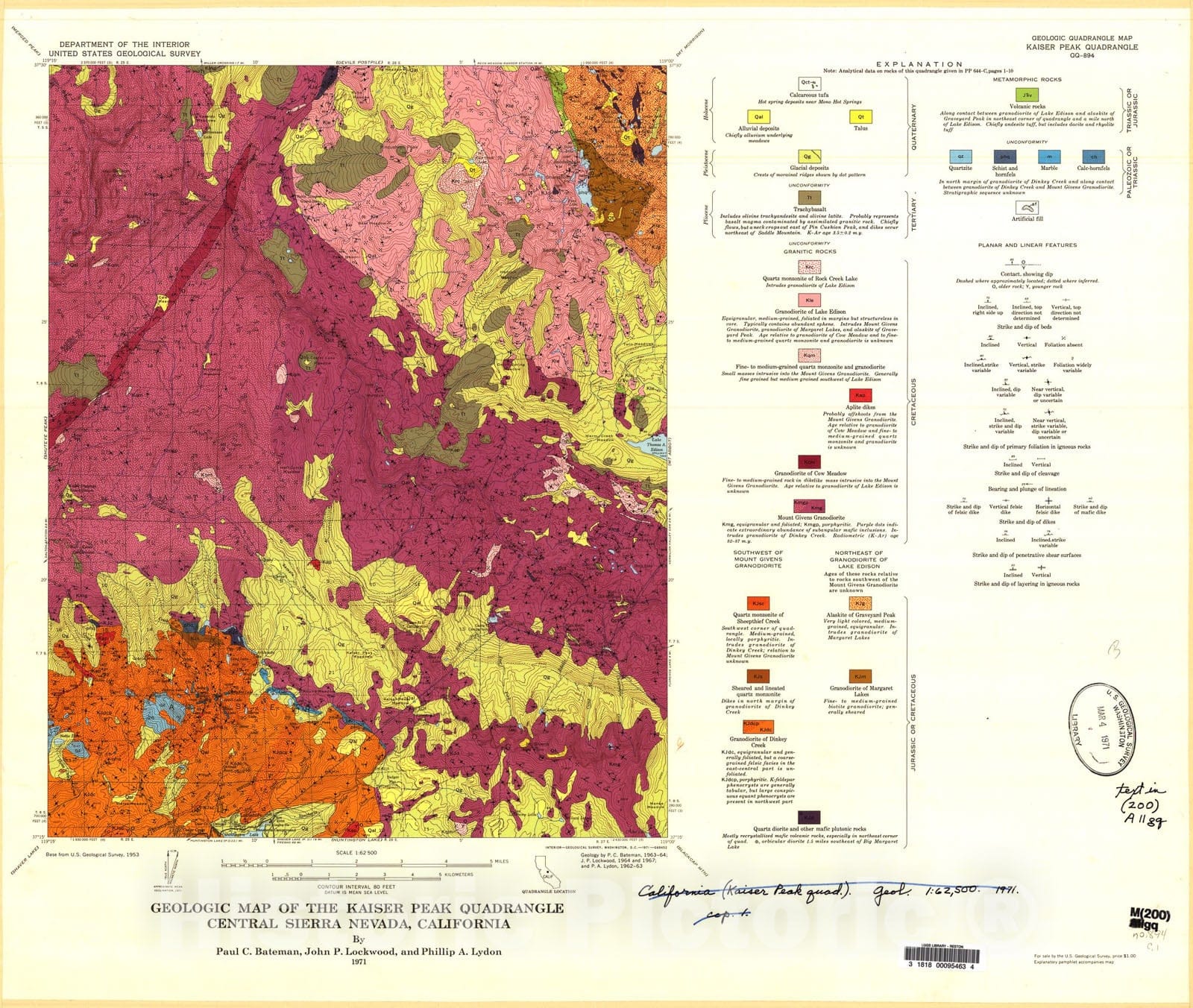 Map : Geologic map of the Kaiser Peak quadrangle, central Sierra Nevada, California, 1971 Cartography Wall Art :
