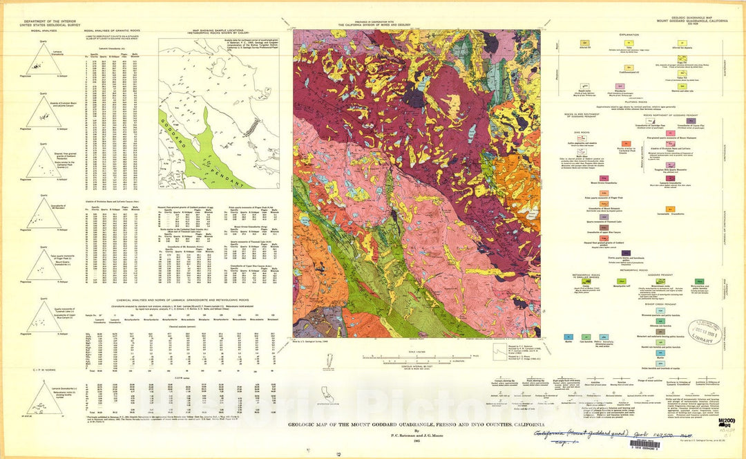 Map : Geologic map of the Mount Goddard quadrangle, Fresno and Inyo Counties, California, 1965 Cartography Wall Art :