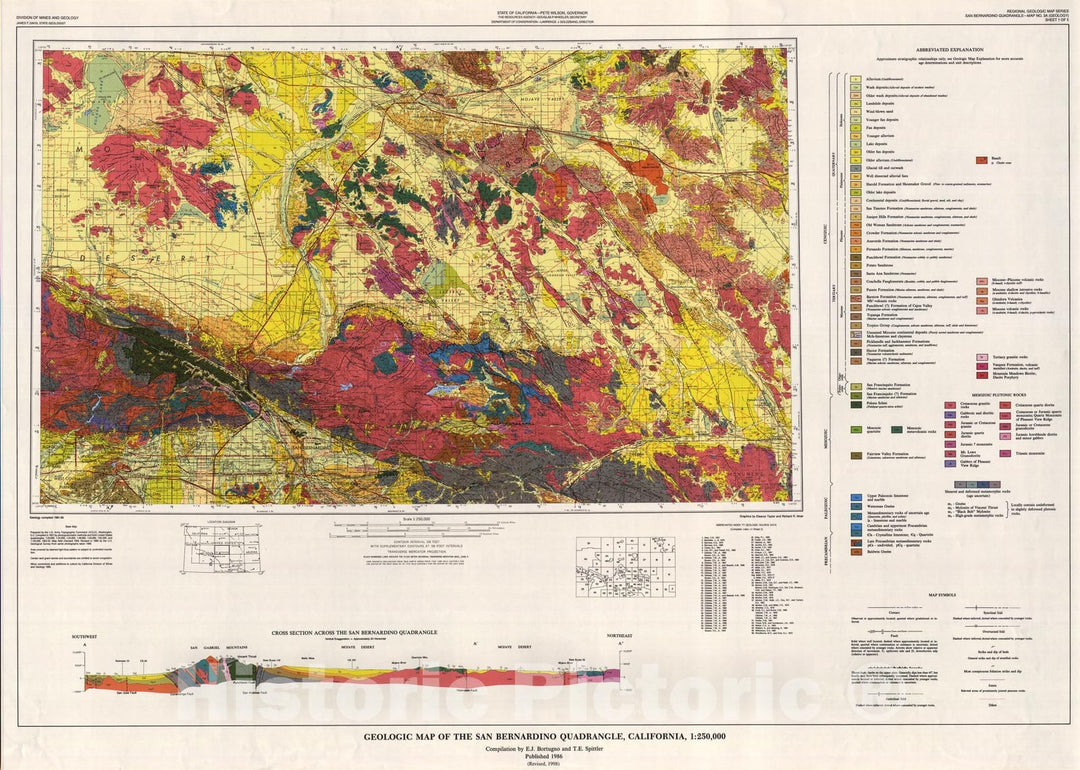 Map : Geologic map of the San Bernardino quadrangle, California, 1:250,000, 1986 Cartography Wall Art :