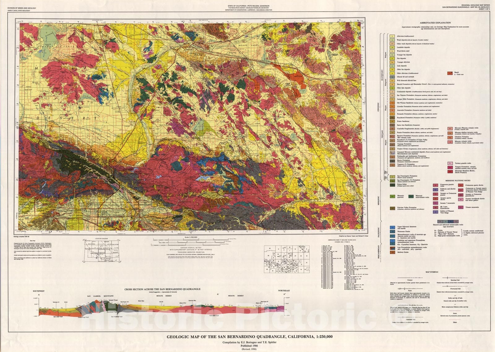 Map : Geologic map of the San Bernardino quadrangle, California, 1:250,000, 1986 Cartography Wall Art :