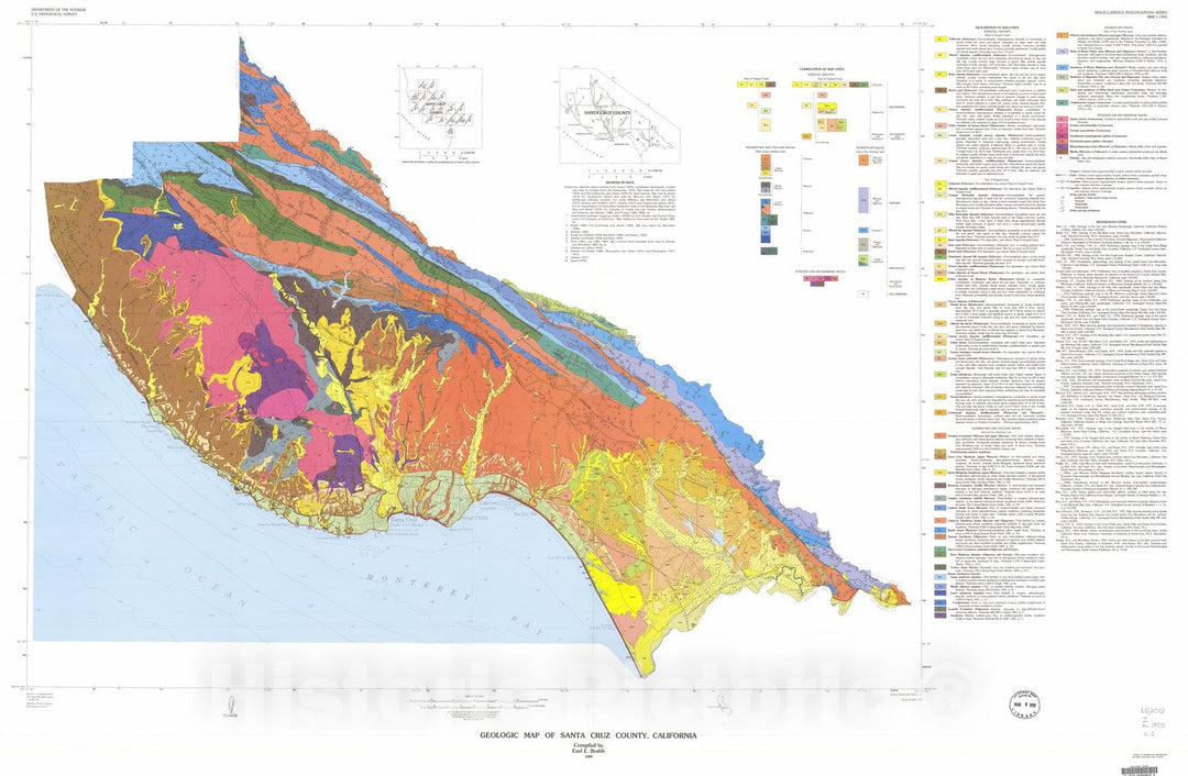 Map : Geologic map of Santa Cruz County, California, 1989 Cartography Wall Art :