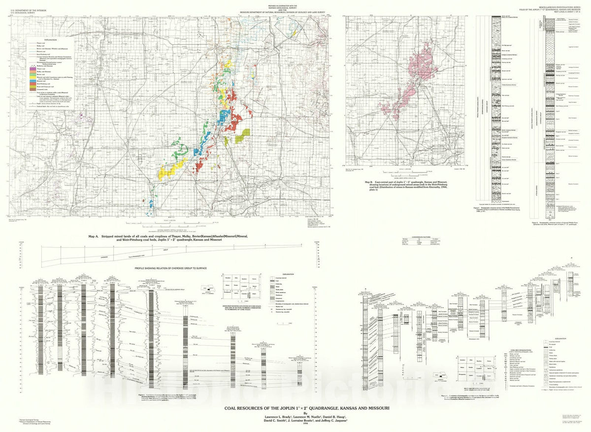 Map : Coal resources of the Joplin one degree x two degrees quadrangle, Kansas and Missouri, one994 Cartography Wall Art :