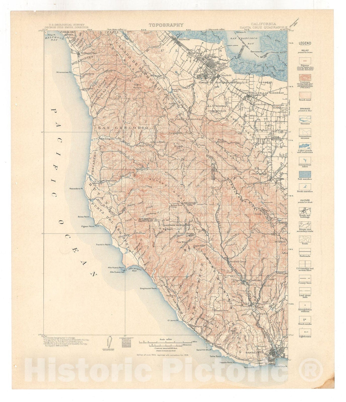 Map : Santa Cruz folio, California, 1909 Cartography Wall Art :