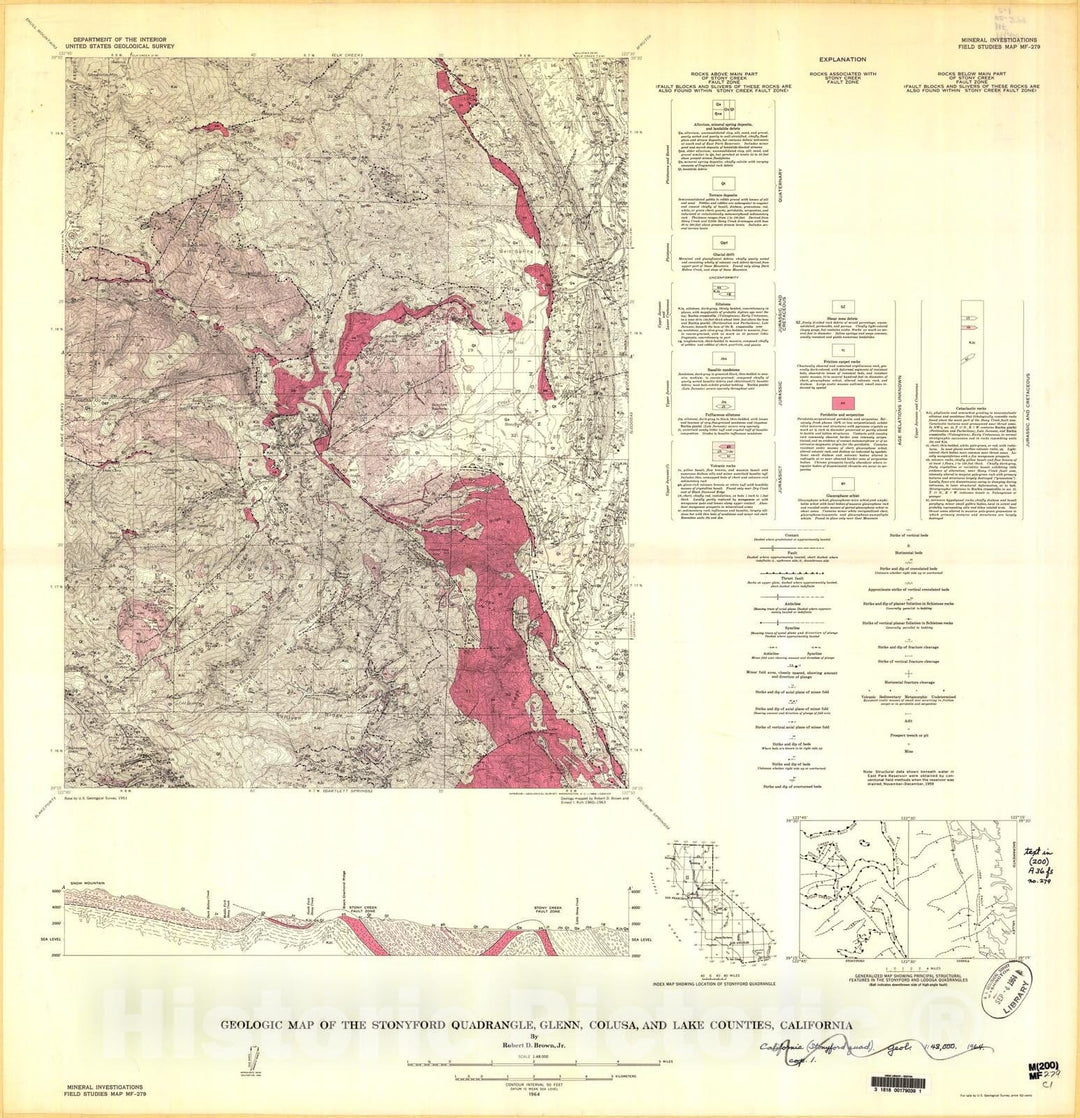 Map : Geologic map of the Stonyford quadrangle, Glenn, Colusa, and Lake Counties, California, 1964 Cartography Wall Art :