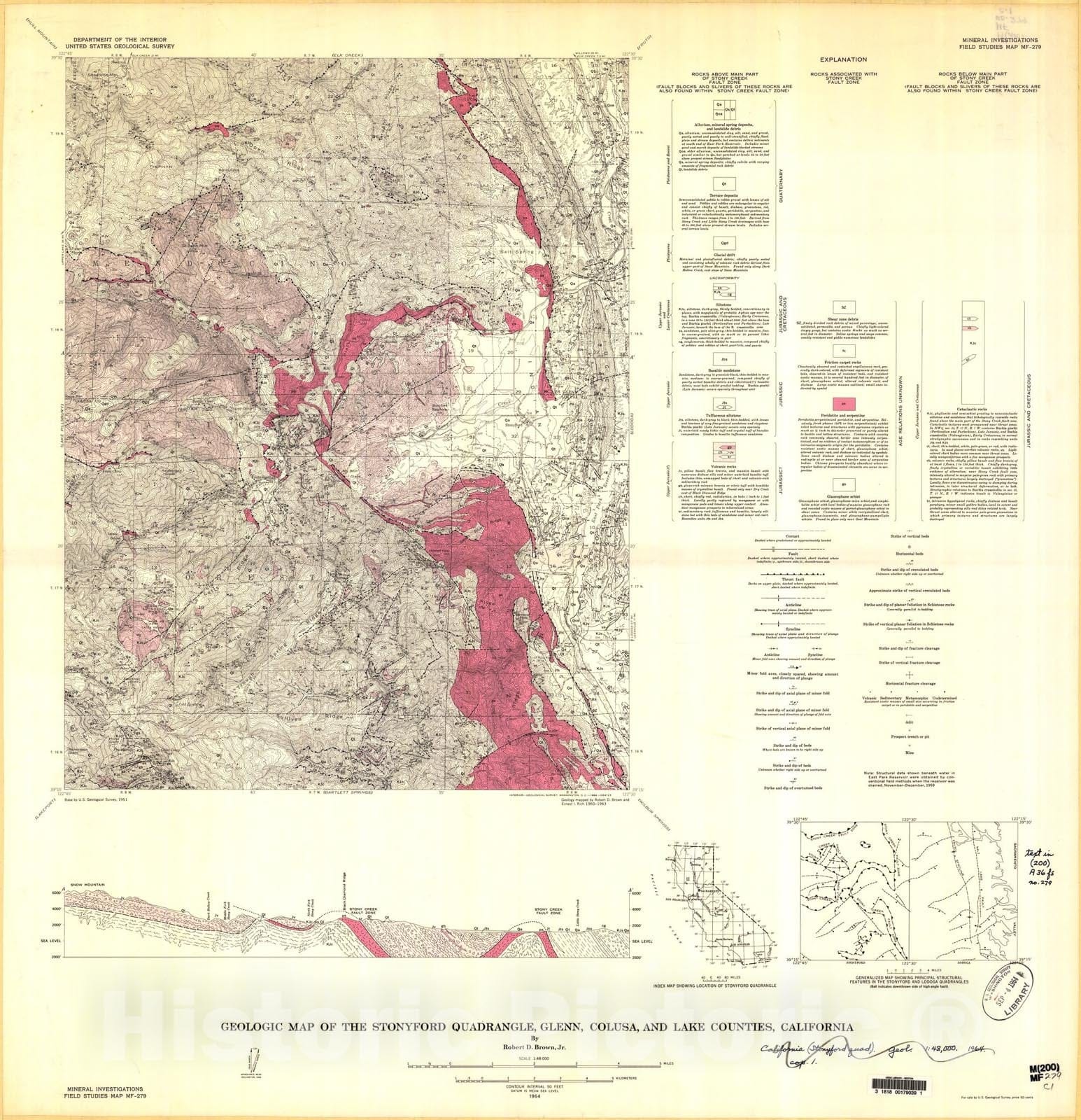 Map : Geologic map of the Stonyford quadrangle, Glenn, Colusa, and Lake Counties, California, 1964 Cartography Wall Art :