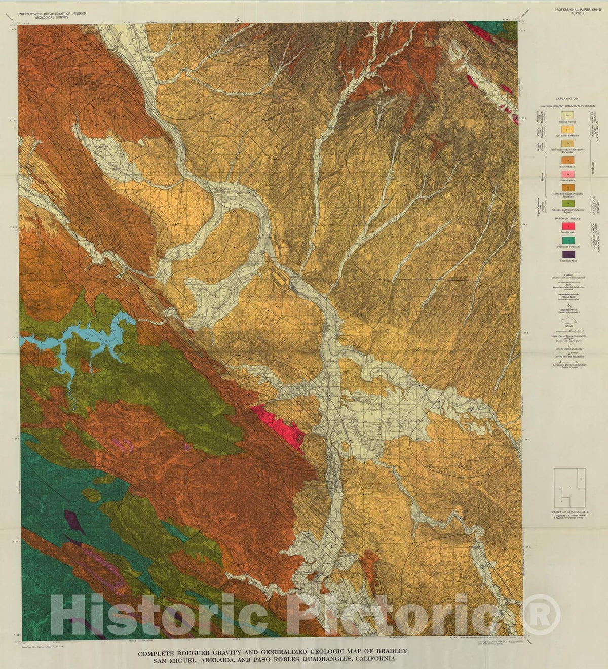 Map : Complete Bouguer gravity and general geology of the Bradley, San Miguel, Adelaida, and Paso Robles quadrangles, California, 1970 Cartography Wall Art :
