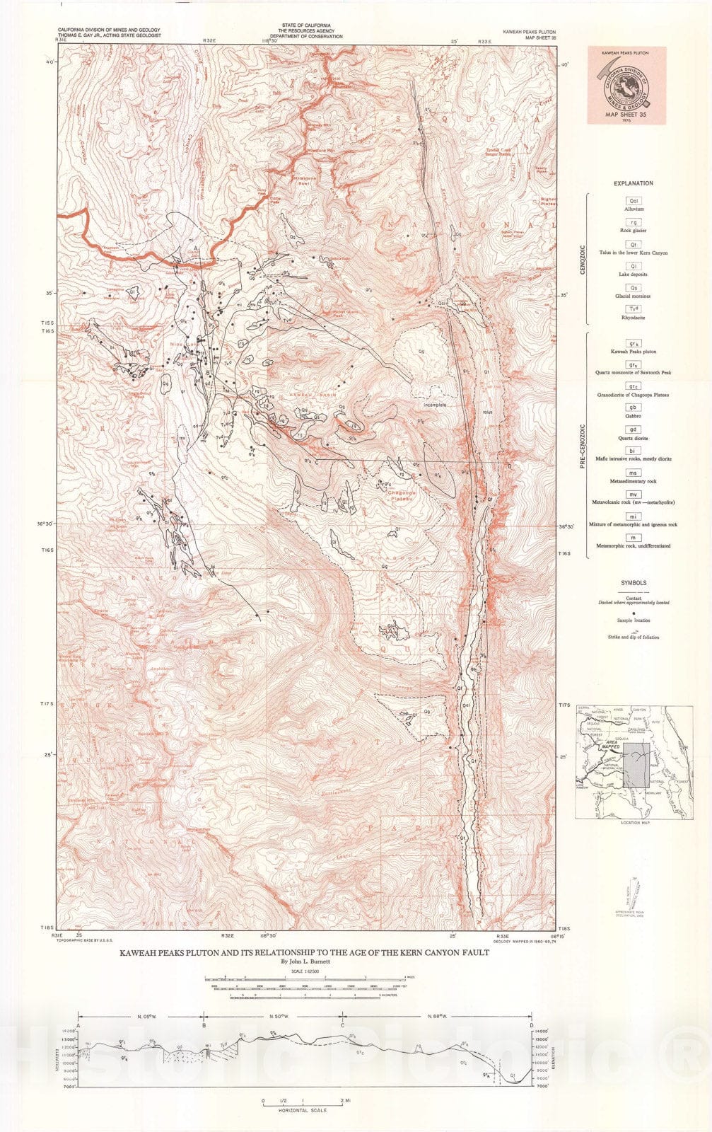 Map : Kaweah Peaks pluton and its relationship to the age of the Kern Canyon fault, Tulare County, California, 1976 Cartography Wall Art :
