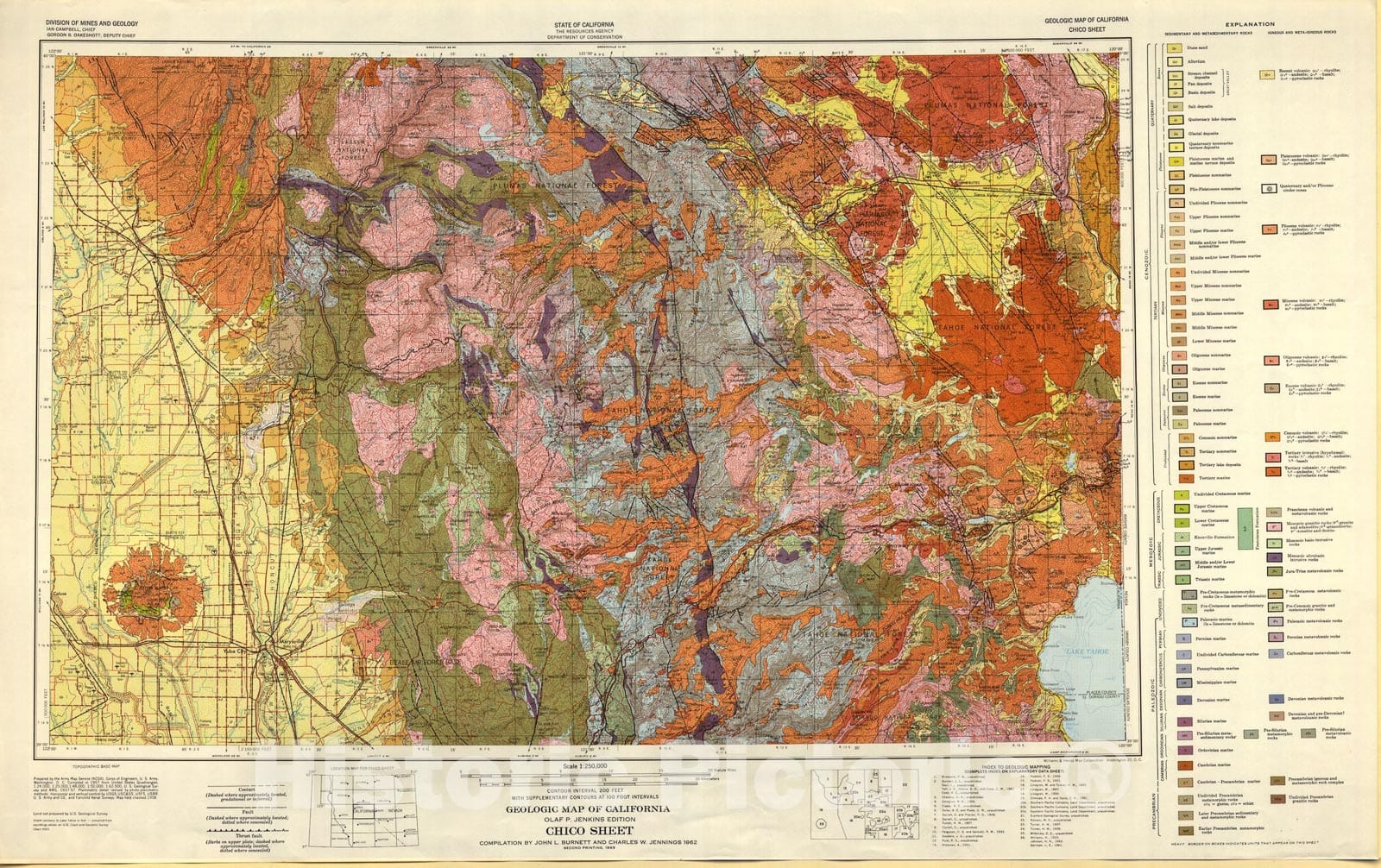 Map : Geologic map of California : Chico sheet, 1962 Cartography Wall Art :