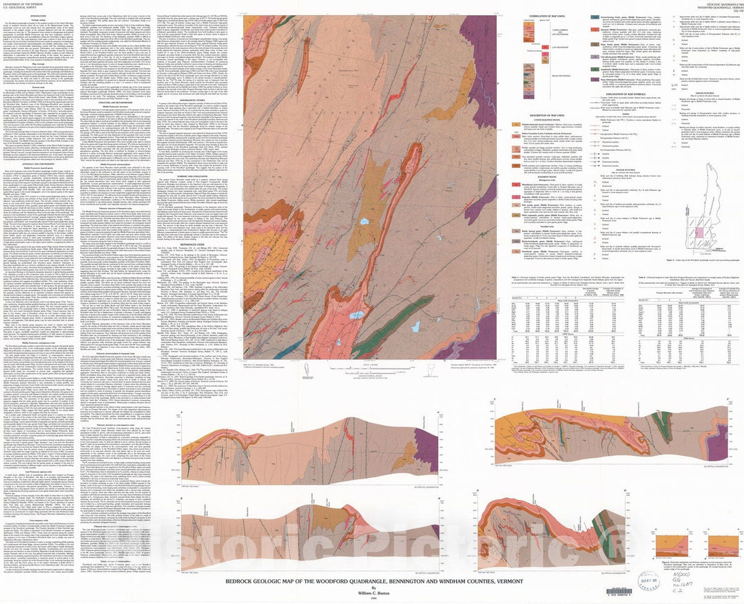 Map : Bedrock geologic map of the Woodford quadrangle, Bennington and Windham Counties, Vermont, 1991 Cartography Wall Art :