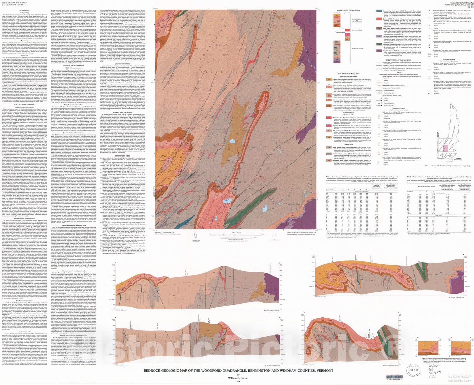 Map : Bedrock geologic map of the Woodford quadrangle, Bennington and Windham Counties, Vermont, 1991 Cartography Wall Art :