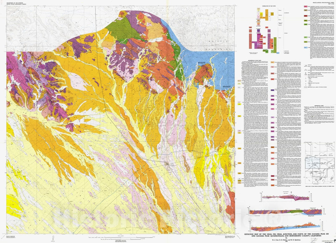 Map : Geologic map of the Vidal NW, Vidal Junction, and parts of the Savahia Peak SW and Savahia Peak quadrangles, San Bernardino County, California, 1980 Cartography Wall Art :