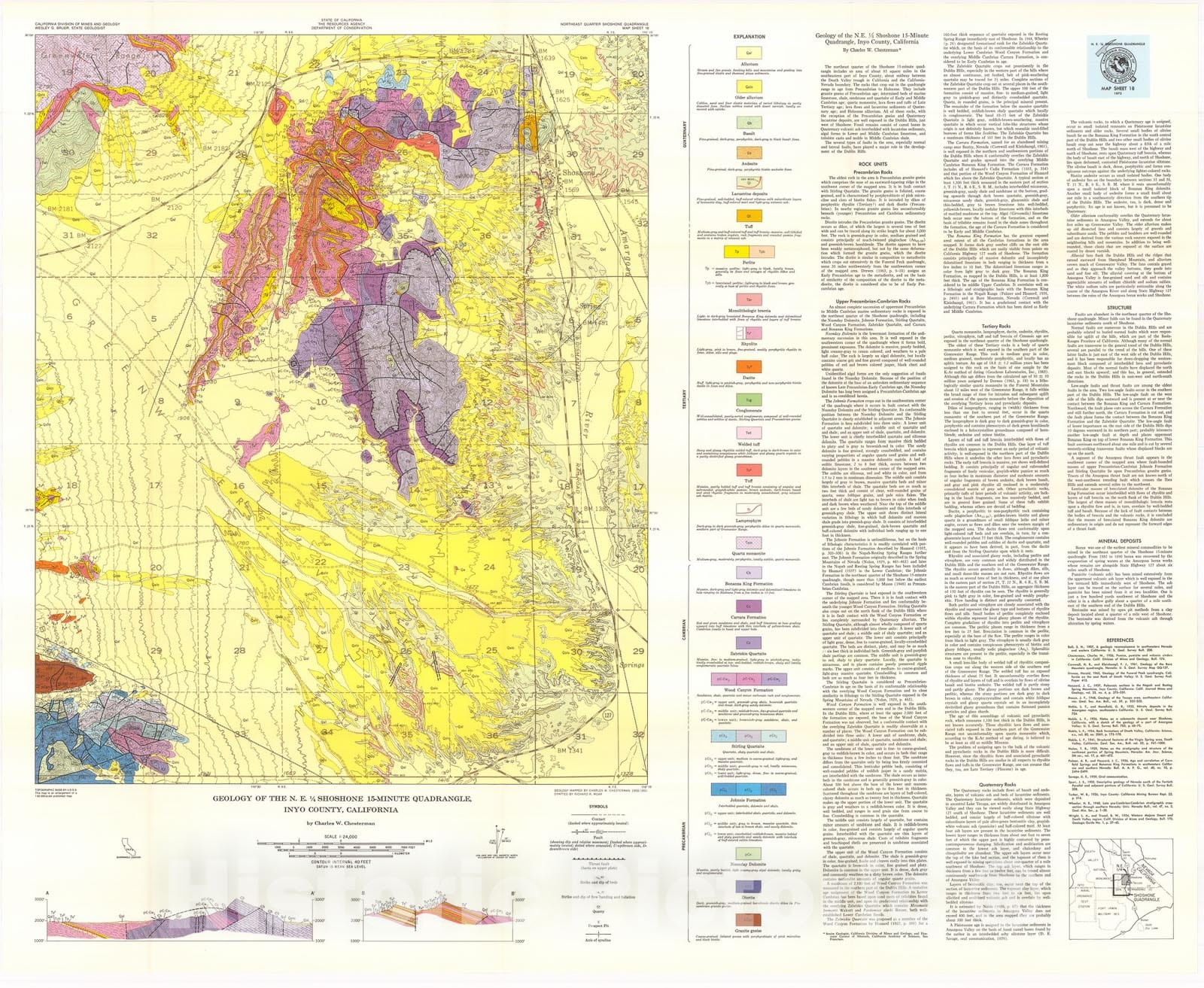 Map : Geology of the northeast quarter of Shoshone Quadrangle, Inyo County, California, 1973 Cartography Wall Art :