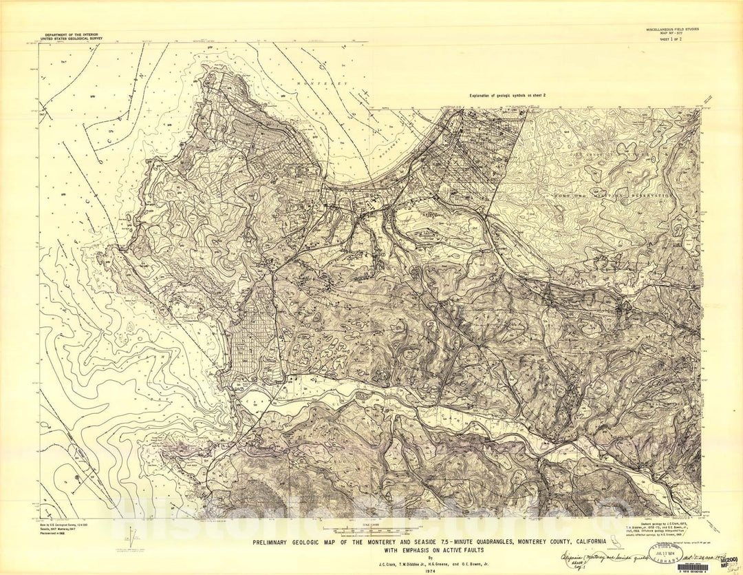 Map : Preliminary geologic map of the Monterey and Seaside 7.5-minute quadrangles, Monterey County, California, with emphasis on active faults, 1974 Cartography Wall Art :