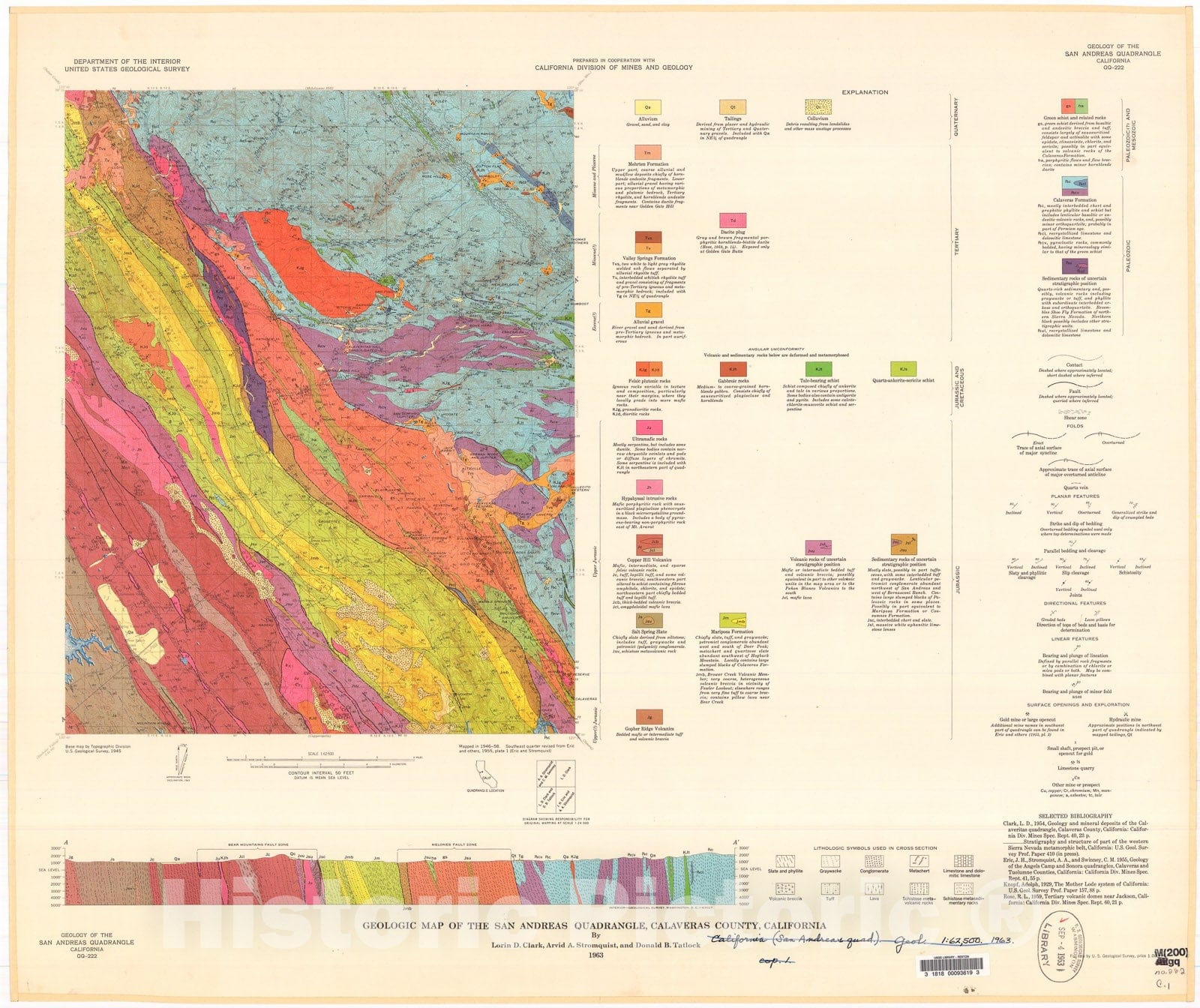 Map : Geologic map of the San Andreas quadrangle, Calaveras County, California, 1963 Cartography Wall Art :