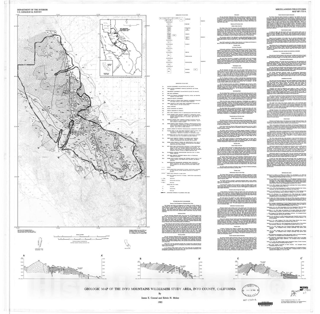 Map : Geologic map of the Inyo Mountains Wilderness Study Area, Inyo County, California, 1985 Cartography Wall Art :