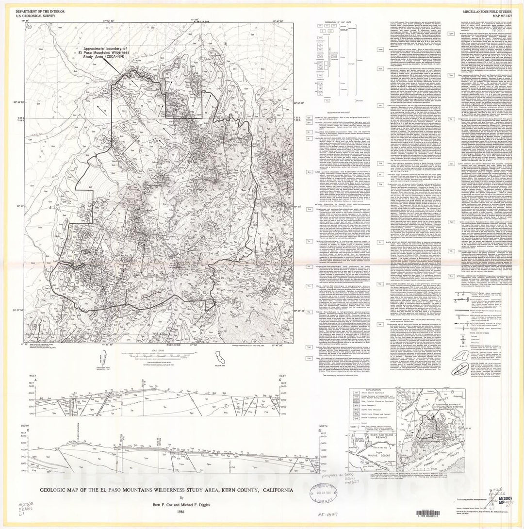 Map : Geologic map of the El Paso Mountains Wilderness Study Area, Kern County, California, 1986 Cartography Wall Art :