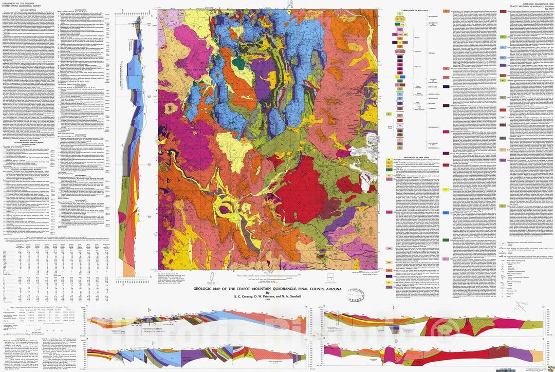 Map : Geologic map of the Teapot Mountain quadrangle, Pinal County, Arizona, 1983 Cartography Wall Art :