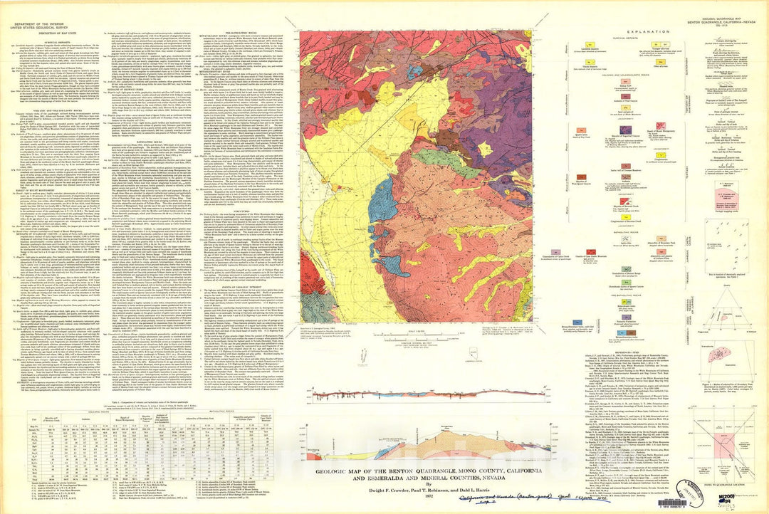 Map : Geologic map of the Benton quadrangle, Mono County, California, and Esmeralda and Mineral Counties, Nevada, 1972 Cartography Wall Art :