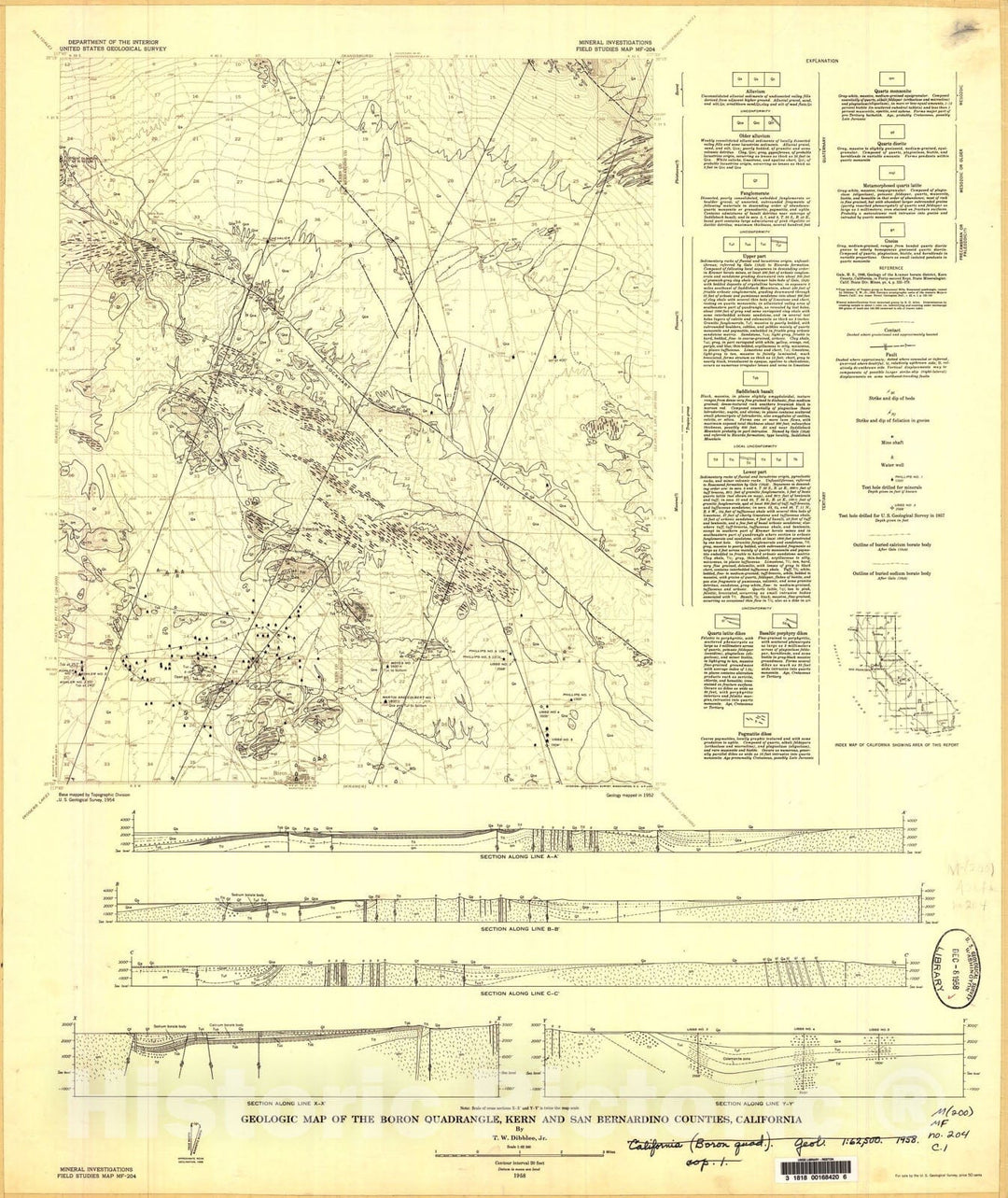 Map : Geologic map of the Boron quadrangle, Kern and San Bernardino Counties, California, 1958 Cartography Wall Art :