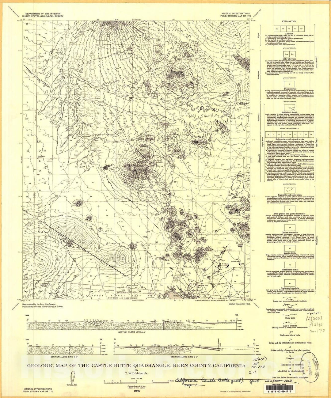 Map : Geologic map of the Castle Butte quadrangle, Kern County, California, 1958 Cartography Wall Art :