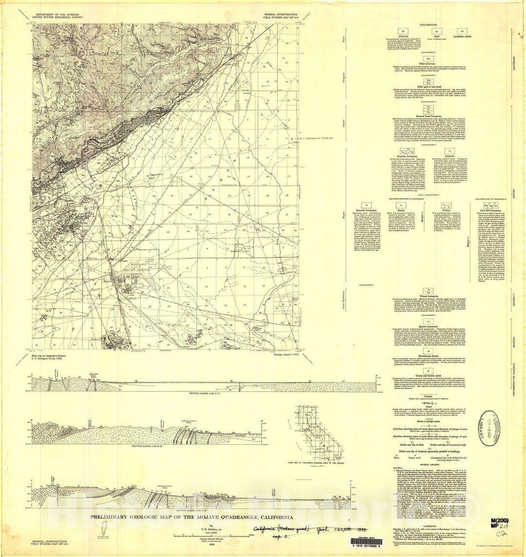 Map : Preliminary geologic map of the Mojave quadrangle, California, 1959 Cartography Wall Art :