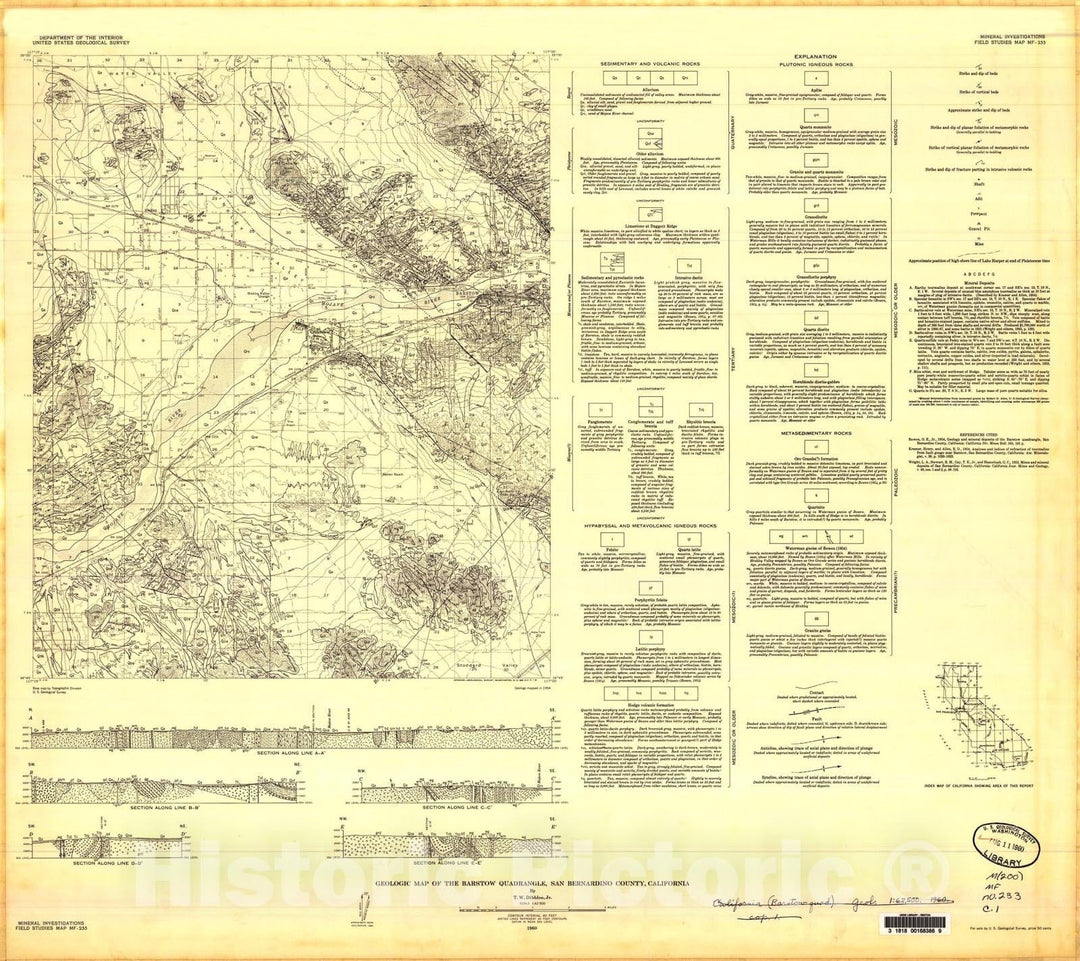 Map : Geologic map of the Barstow quadrangle, San Bernardino County, California, 1960 Cartography Wall Art :