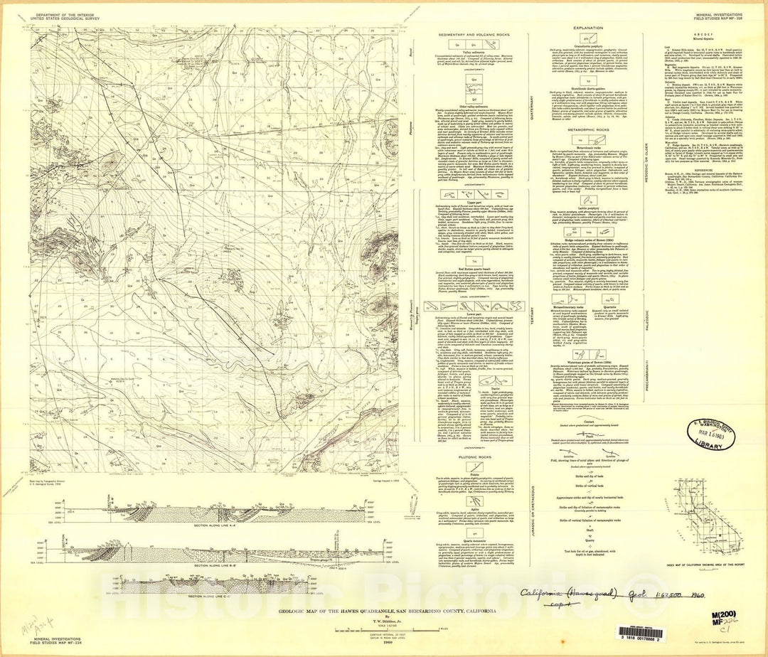 Map : Geologic map of the Hawes quadrangle, San Bernardino County, California, 1960 Cartography Wall Art :