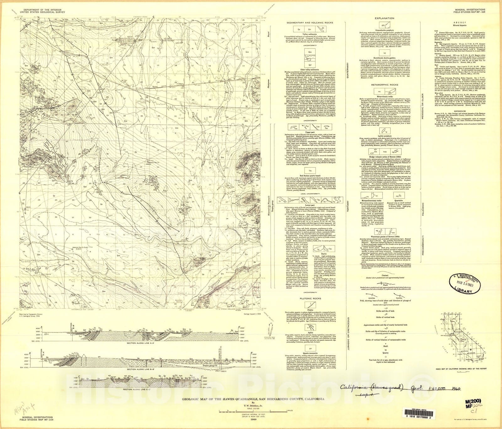 Map : Geologic map of the Hawes quadrangle, San Bernardino County, California, 1960 Cartography Wall Art :