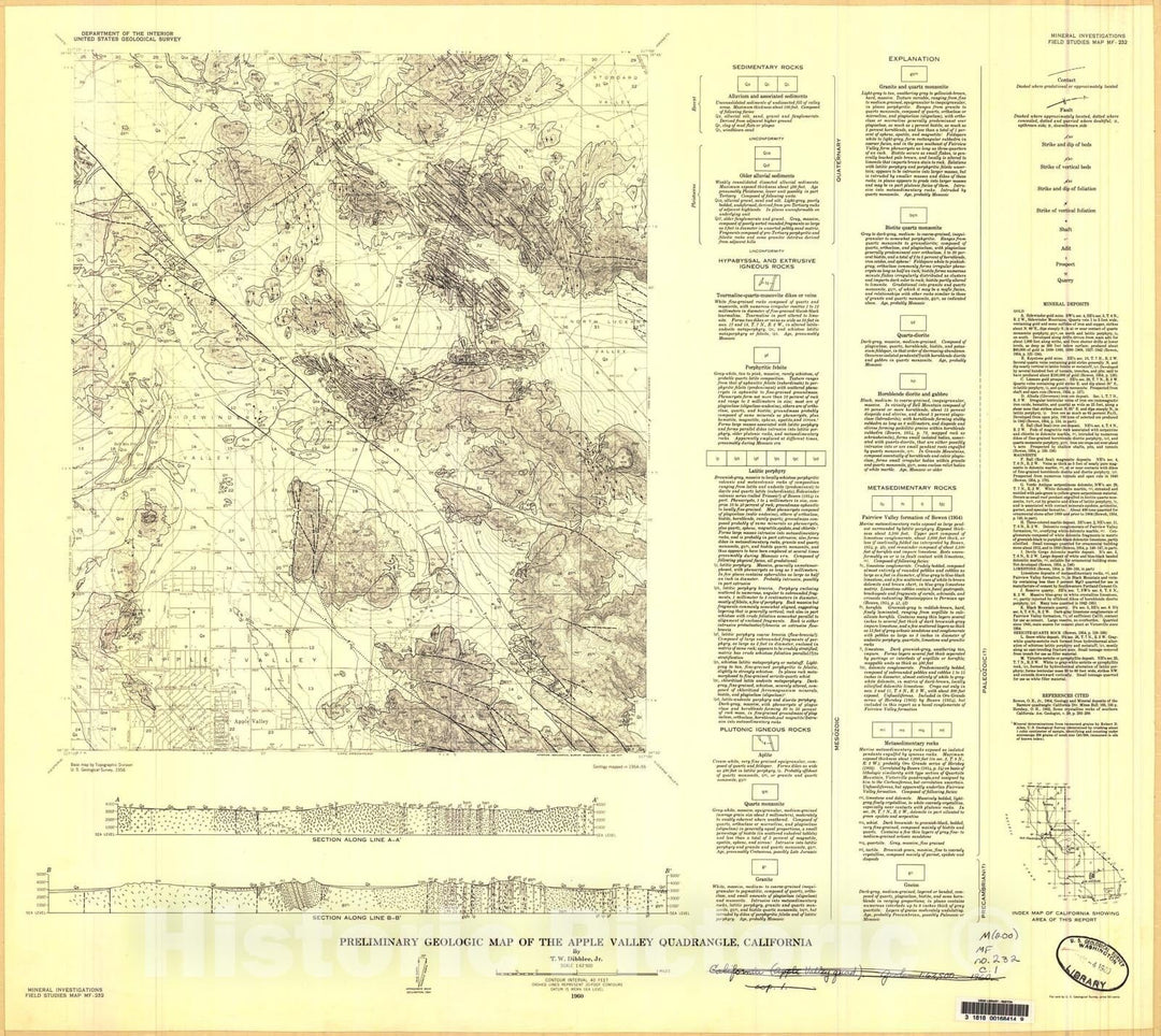 Map : Preliminary geologic map of the Apple Valley quadrangle, California, 1960 Cartography Wall Art :
