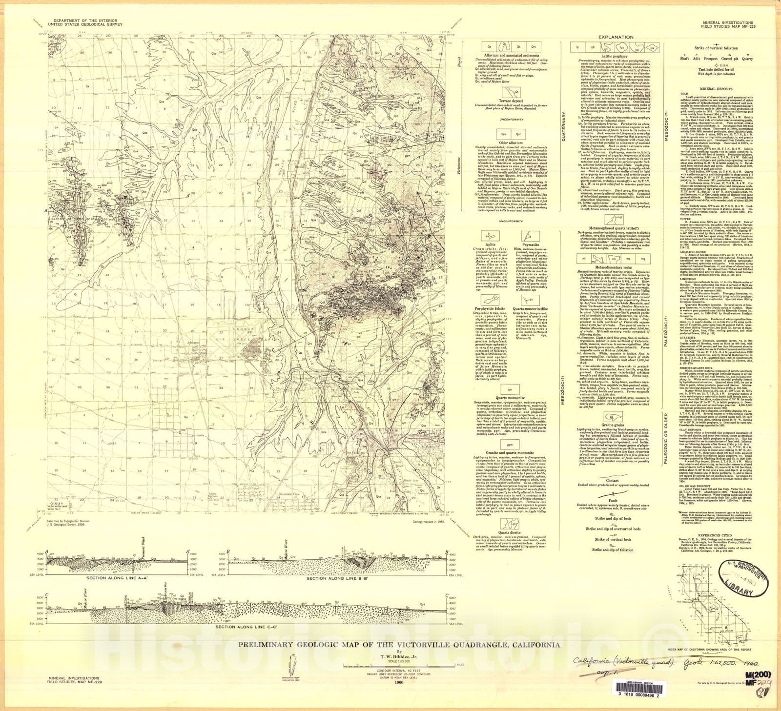 Map : Preliminary geologic map of the Victorville quadrangle, California, 1960 Cartography Wall Art :