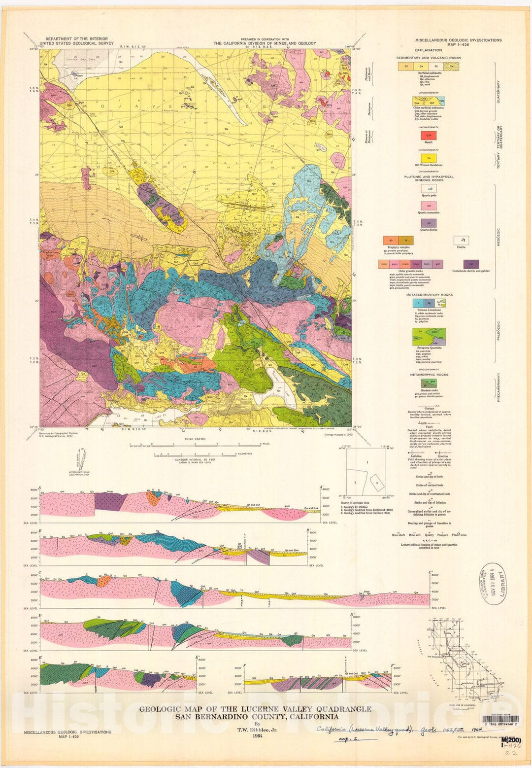 Map : Geologic map of the Lucerne Valley quadrangle, San Bernardino County, California, 1964 Cartography Wall Art :