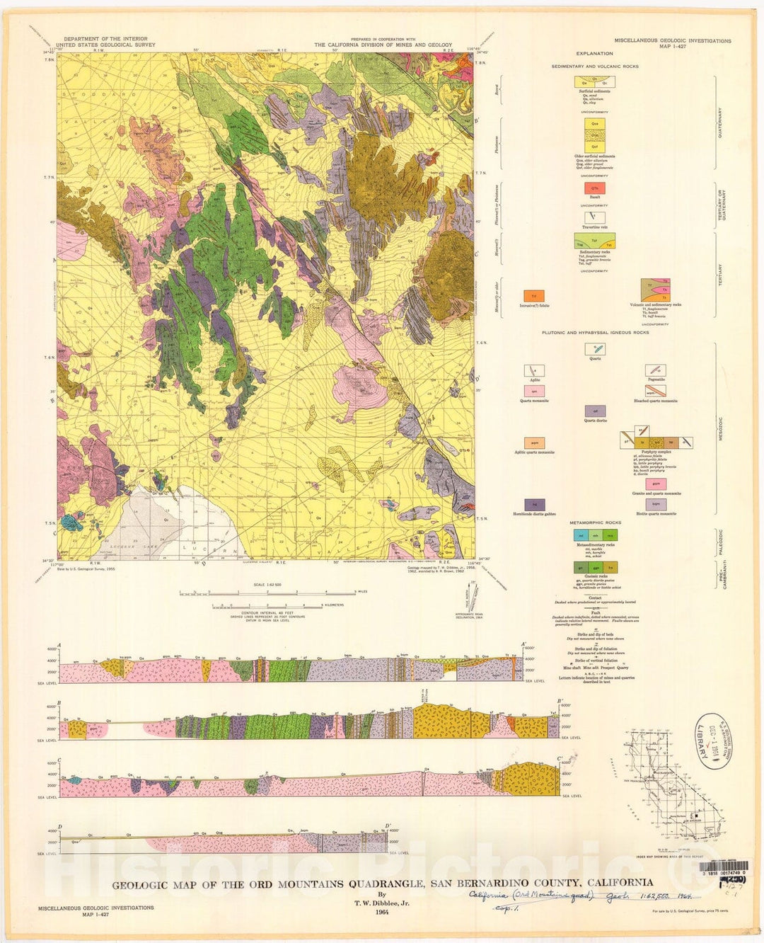 Map : Geologic map of the Ord Mountains quadrangle, San Bernardino County, California, 1964 Cartography Wall Art :