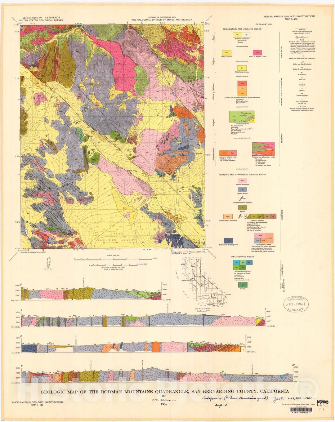 Map : Geologic map of the Rodman Mountains quadrangle, San Bernardino County, California, 1964 Cartography Wall Art :