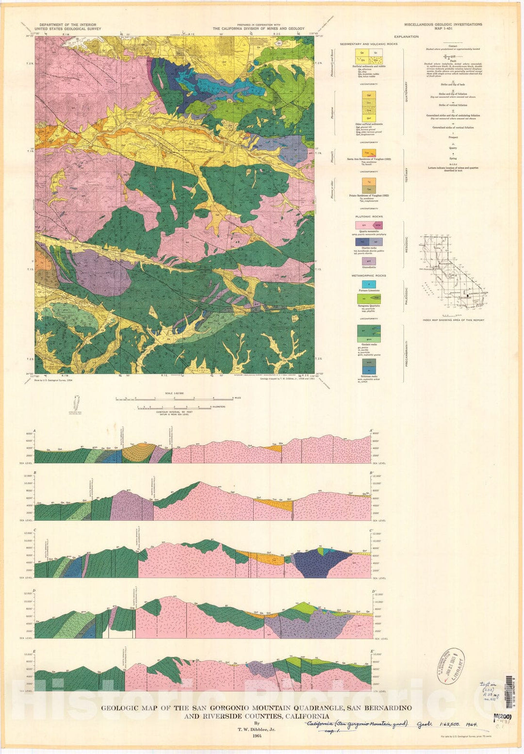 Map : Geologic map of the San Gorgonio Mountain quadrangle, San Bernardino and Riverside Counties, California, 1964 Cartography Wall Art :