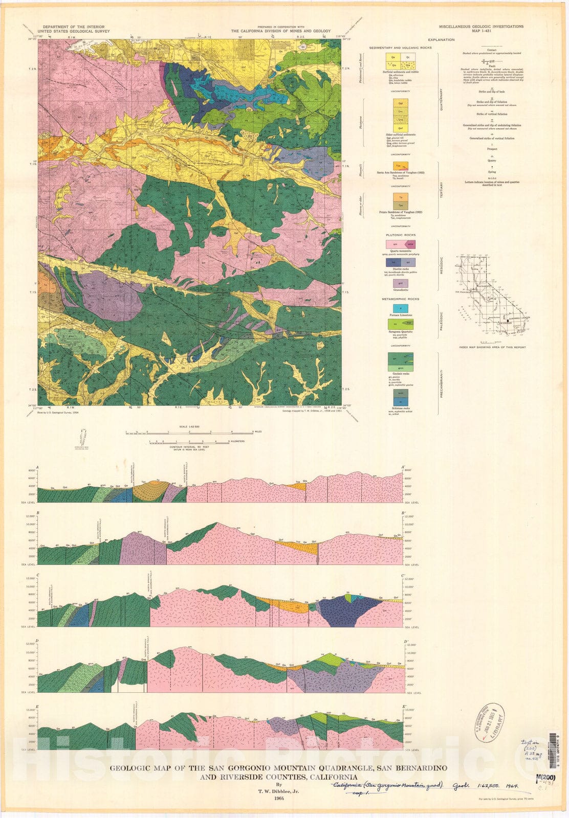 Map : Geologic map of the San Gorgonio Mountain quadrangle, San Bernardino and Riverside Counties, California, 1964 Cartography Wall Art :