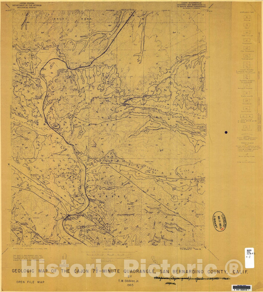 Map : Geologic map of the Cajon seven 1/2 minute quadrangle, San Bernardino County, California, 1965 Cartography Wall Art :