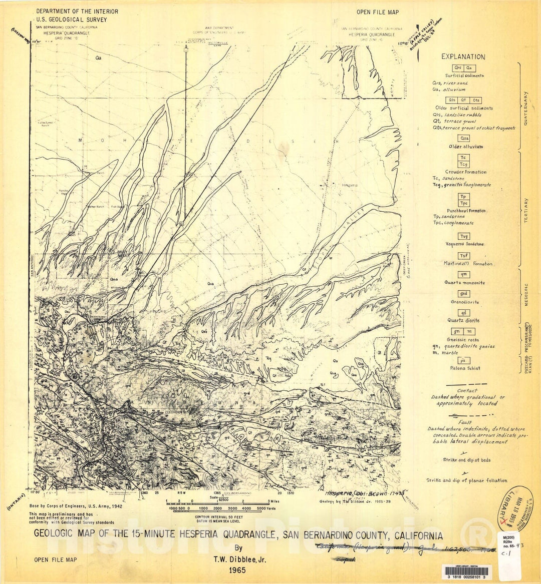 Map : Geologic map of the 15-minute Hesperia quadrangle, San Bernardino County, California, 1965 Cartography Wall Art :