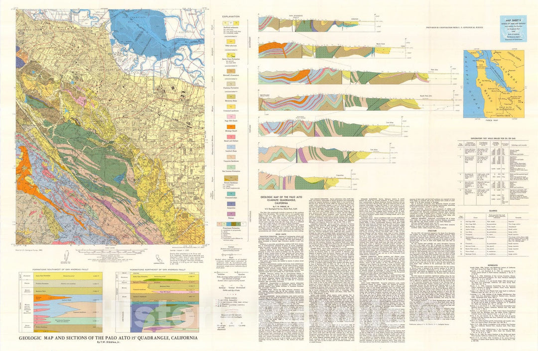 Map : Geologic map and sections of the Palo Alto 15' quadrangle, California, 1966 Cartography Wall Art :