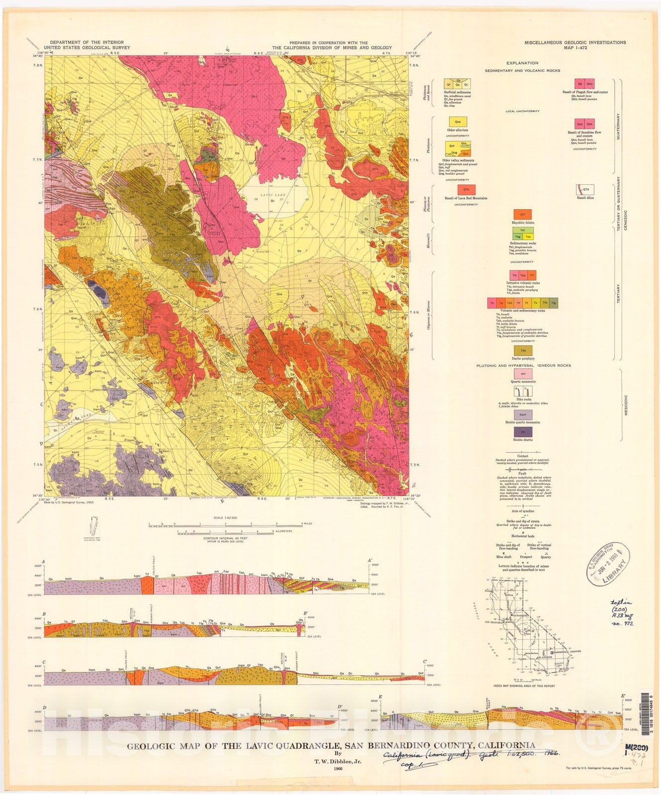 Map : Geologic map of the Lavic quadrangle, San Bernardino County, California, 1966 Cartography Wall Art :