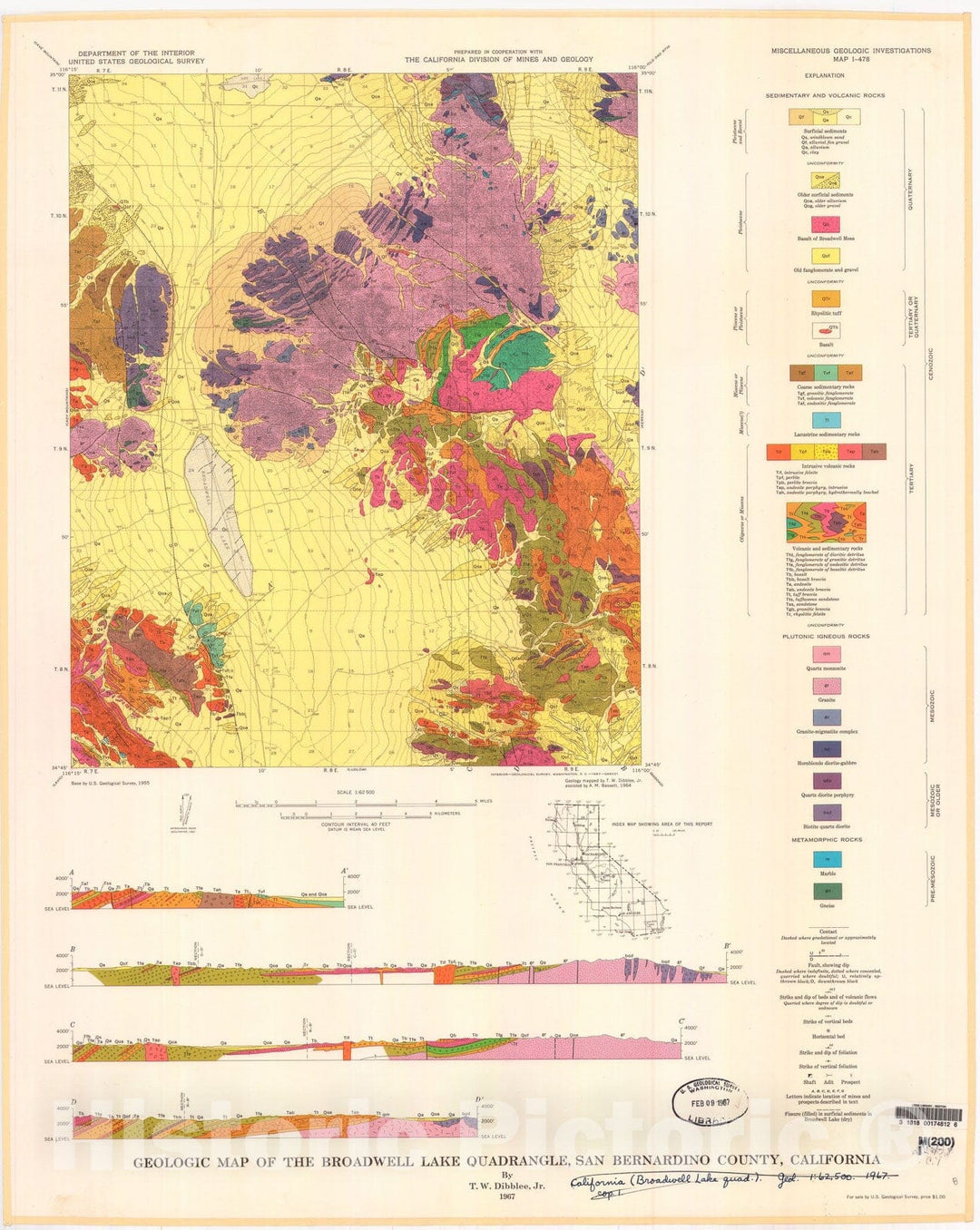 Map : Geologic map of the Broadwell Lake quadrangle, San Bernardino County, California, 1967 Cartography Wall Art :