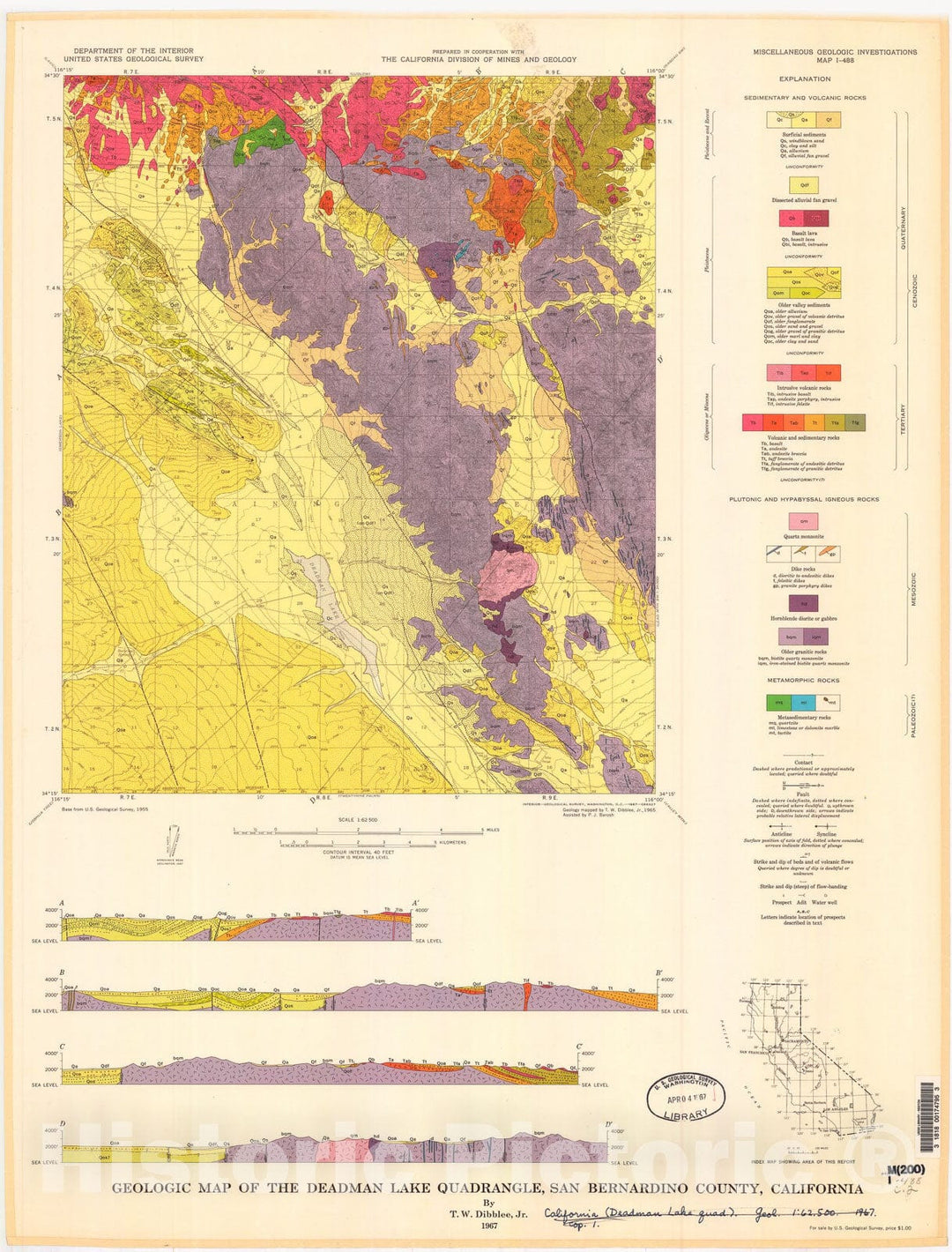 Map : Geologic map of the Deadman Lake quadrangle, San Bernardino County, California, 1967 Cartography Wall Art :