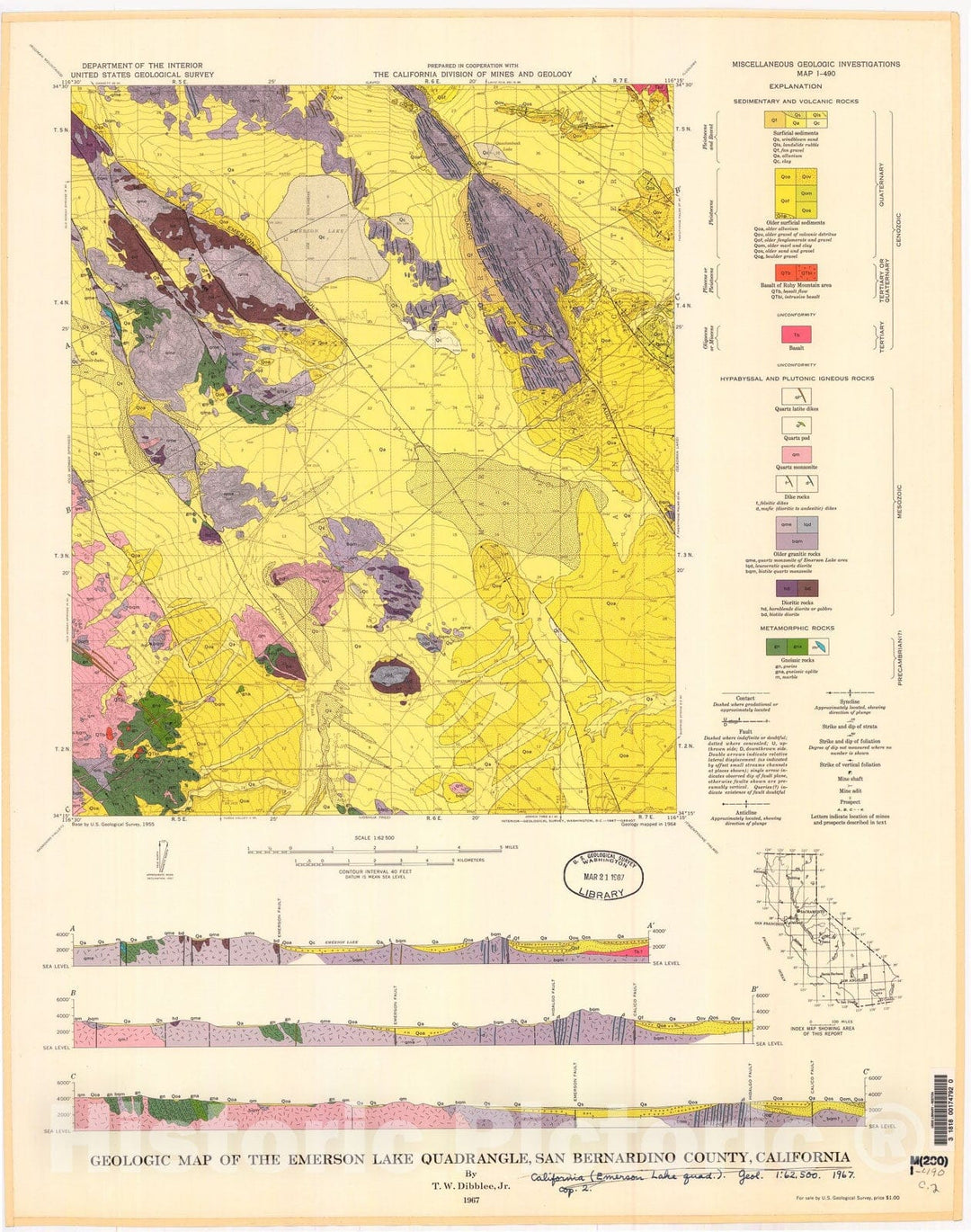 Map : Geologic map of the Emerson Lake quadrangle, San Bernardino County, California, 1967 Cartography Wall Art :