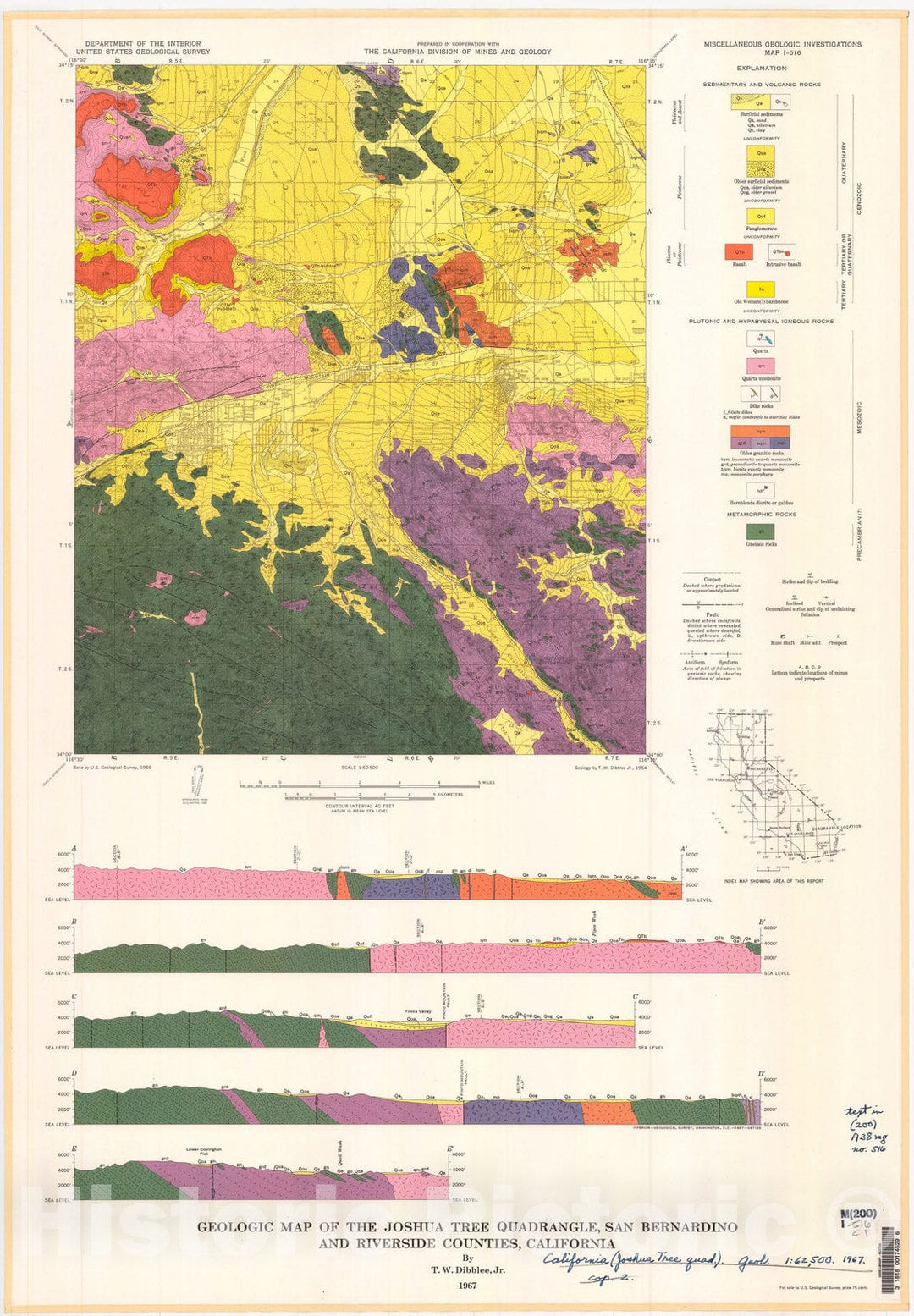Map : Geologic map of the Joshua Tree quadrangle, San Bernardino and Riverside Counties, California, 1967 Cartography Wall Art :