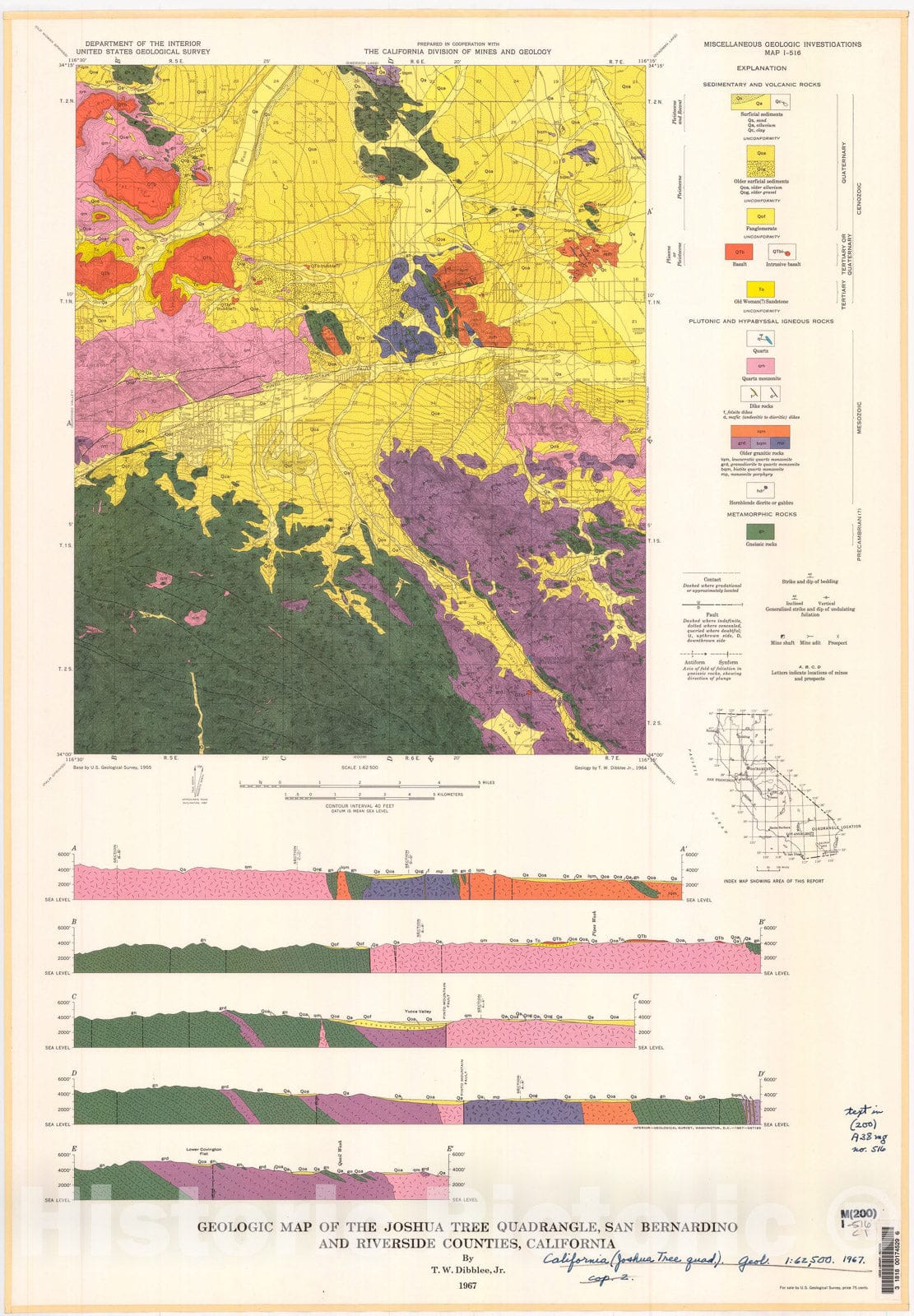 Map : Geologic map of the Joshua Tree quadrangle, San Bernardino and Riverside Counties, California, 1967 Cartography Wall Art :