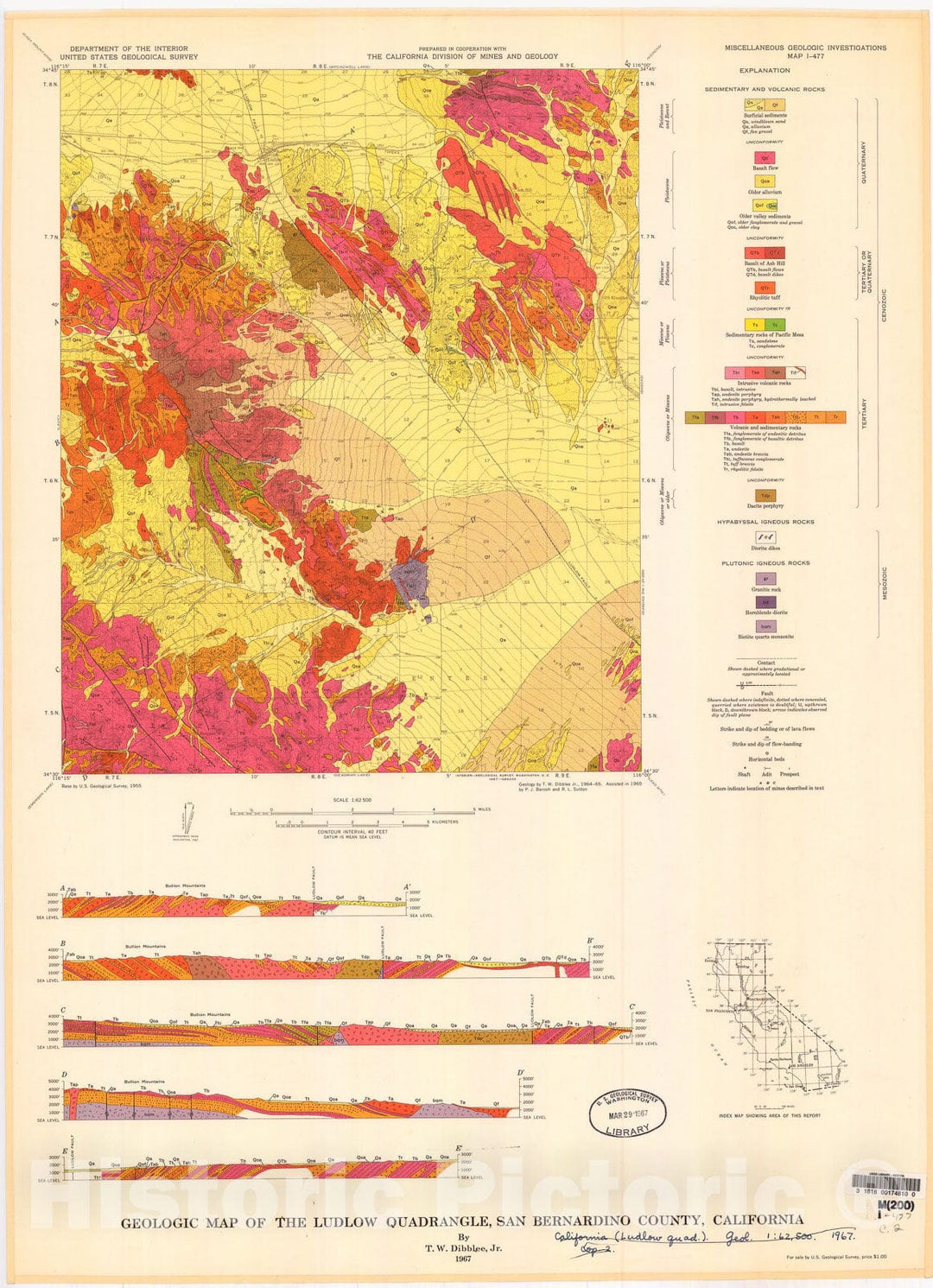 Map : Geologic map of the Ludlow quadrangle, San Bernardino County, California, 1967 Cartography Wall Art :